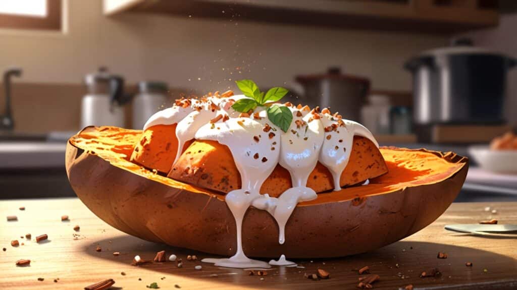 A baked sweet potato split open, with steam rising from the soft, orange interior. The sweet potato is topped with a dollop of Greek yogurt and a sprinkle of cinnamon. The background shows a kitchen table with a few more sweet potatoes and a knife.