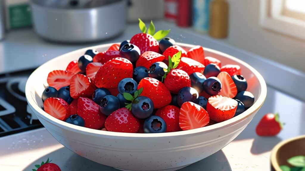 A close-up image of a bowl of mixed fresh berries, including strawberries, blueberries, raspberries, and blackberries. The colors are vibrant, and the berries look juicy and ripe. The background is a simple white kitchen counter with a few leaves of mint as garnish.