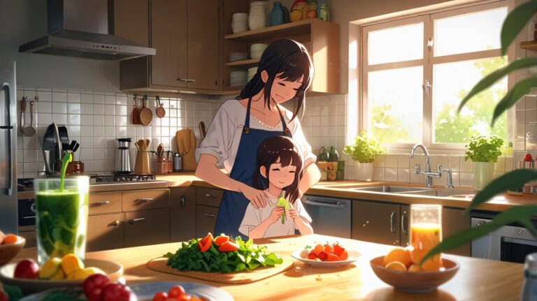 A cozy kitchen setting where a parent and child are blending a smoothie together. The parent is sneaking in a handful of spinach while the child excitedly watches the vibrant colors mix. The scene emphasizes the strategy of 'sneaking in nutrients' in a fun and engaging way.