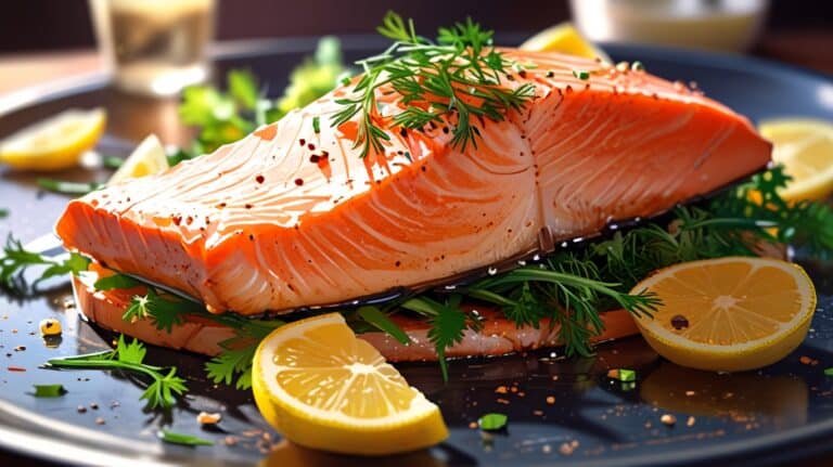 A perfectly cooked fillet of salmon placed on a plate, garnished with fresh herbs like dill and slices of lemon. The salmon is flaky with a slightly crispy skin. The background includes a side salad with a variety of greens and a drizzle of dressing.