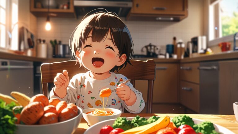 A playful toddler sitting in a high chair, surrounded by colorful, bite-sized fruits and vegetables. The toddler is reaching for a small bowl of finger foods like sliced bananas and steamed carrots. The kitchen is bright and cheerful, with a parent smiling in the background, embodying the exploration of new foods and flavors during the toddler years.