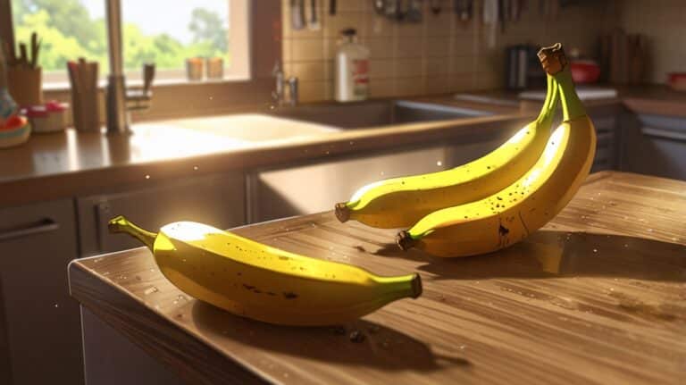"A ripe, peeled banana placed on a wooden kitchen counter, with another whole banana beside it. The banana’s yellow peel has a few brown spots, indicating ripeness. The background includes a blurred-out kitchen with natural light coming from a window."