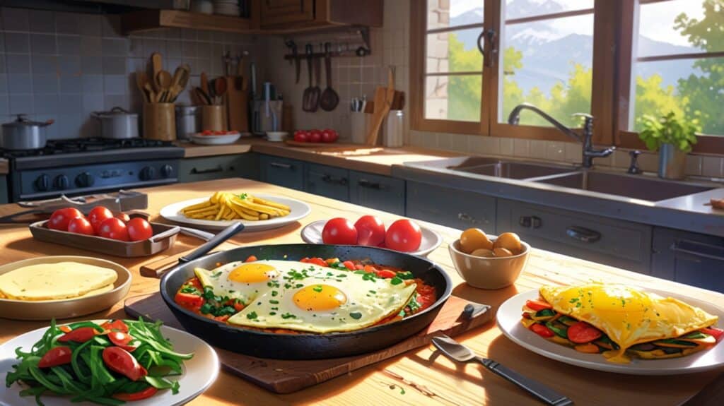 A rustic kitchen setting with a plate of freshly made veggie-packed omelet. The omelet is fluffy, filled with colorful vegetables like bell peppers, spinach, and mushrooms. Next to the plate are a few whole eggs and a whisk, indicating the cooking process.