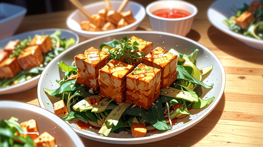 Create an image of crispy baked tofu cubes, seasoned and golden brown, served over a bed of mixed greens with a light vinaigrette, ideal for a versatile, plant-based protein dish.