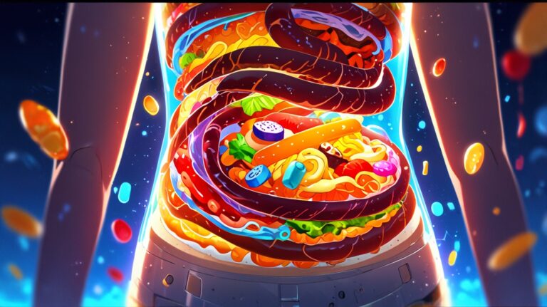 an image depicting a human digestive system with a dynamic visualization of how fiber works. Show soluble fiber forming a gel-like substance and insoluble fiber adding bulk to the stool. Include a metaphorical shield representing the "calorie shield" effect, with icons of fat and sugar being blocked from absorption. Use a color palette that’s vibrant and educational, conveying the health benefits of fiber in an easy-to-understand way.