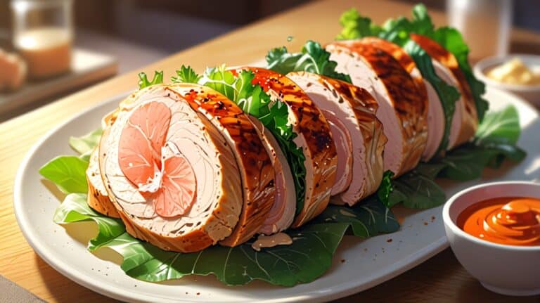 Design an image of sliced turkey breast roll-ups filled with leafy greens and hummus, arranged on a platter, perfect for a lean, protein-packed snack.