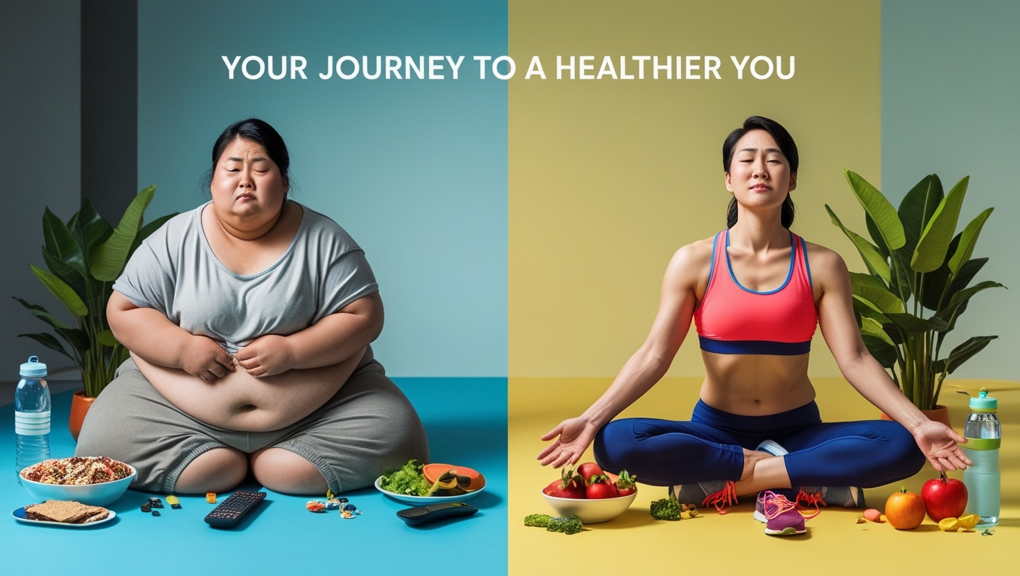 Inspiring image of a person's weight loss journey. The image should be split vertically into two halves