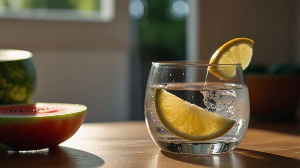 A close-up of a glass of water with ice cubes, condensation on the glass, and a slice of lemon on the rim. Next to the glass is a small bowl of watermelon slices and a sweat towel. The setting is a minimalist kitchen counter, with soft sunlight filtering through a nearby window, creating a refreshing post-workout vibe.