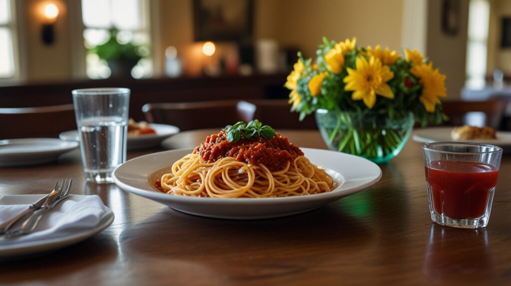 A dining table set for an athlete's pre-race meal, featuring a large serving of spaghetti with marinara sauce, a side of garlic bread, and a glass of water. The atmosphere is cozy, with a pair of running shoes visible in the background, ready for the next day's event.