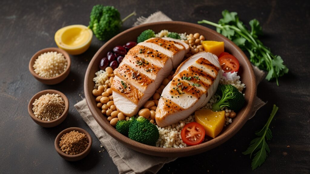Create an image showing a variety of protein-rich foods like chicken breast, fish, eggs, beans, tofu, and quinoa arranged in a visually appealing way. The image should emphasize the diversity of protein sources, both animal and plant-based, and how they contribute to a balanced diet for weight loss.