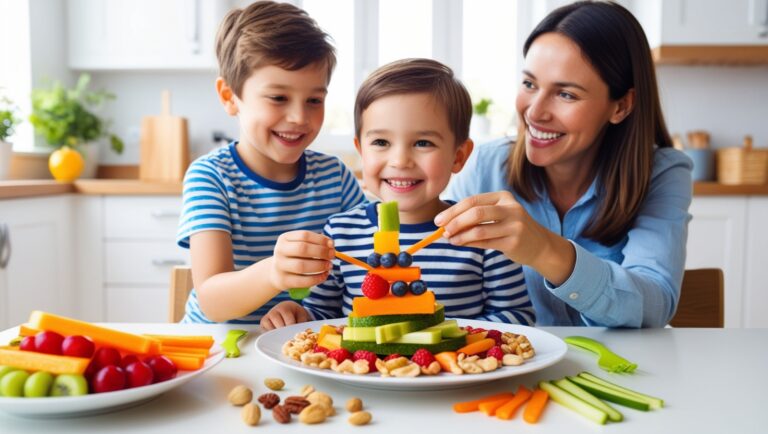A bright, cheerful scene of a parent and child sitting at a kitchen table, arranging a variety of healthy snacks like fruits, nuts, and veggie sticks into fun, creative shapes on a plate. The child is smiling, proud of their creation, while the parent watches encouragingly. The focus is on the joy of making healthy eating fun and interactive for kids, with an emphasis on creativity and togetherness.