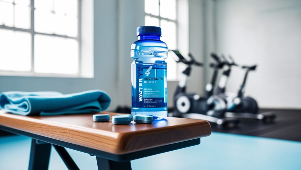 A focused image of a water bottle and electrolyte tablets placed on a wooden gym bench, with workout gear like a towel and running shoes in the background. The setting is a bright, airy gym with natural light streaming through a window, emphasizing the preparation before exercise.
