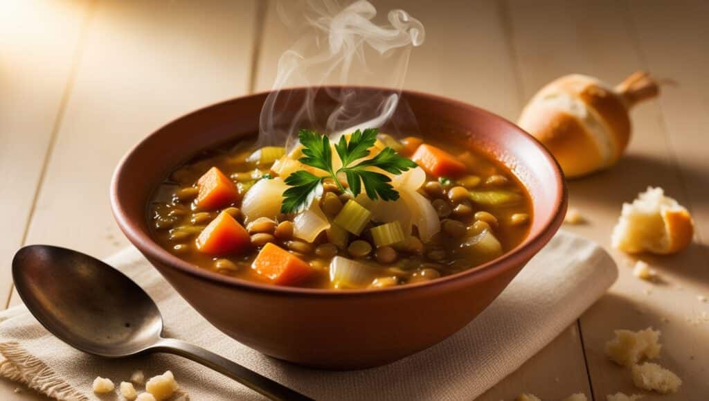 A rustic, earthenware bowl overflows with a vibrant, steaming hot lentil soup, generously chunked with tender carrots, diced celery, and soft, translucent onions, garnished with a sprig of fresh, emerald-green parsley, its delicate leaves curled and twisted, emphasizing a wholesome, plant-based, high-protein, low-calorie meal, richly illuminated by warm, golden lighting, casting a subtle glow on the surrounding rustic wooden table, with a few scattered, artisanal bread crumbs leading the viewer's eye to the spoon, resting casually beside the bowl, its worn, wooden handle bearing the subtle scars of loving use, surrounded by a soft, creamy background that subtly echoes the warm, earthy tones of the soup, evoking a sense of comfort, nourishment, and satisfying simplicity.