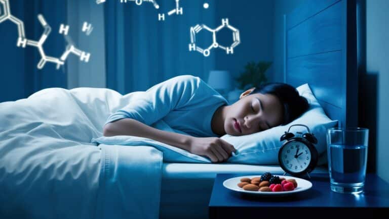 "A serene bedroom at night with a person peacefully sleeping. On the nightstand, there's a clock showing 11 pm, a glass of water, and a small plate with healthy snacks like almonds and berries. In the background, faint outlines of chemical structures representing melatonin and cortisol float in the air. The overall image should have a calm, blue-tinted atmosphere.