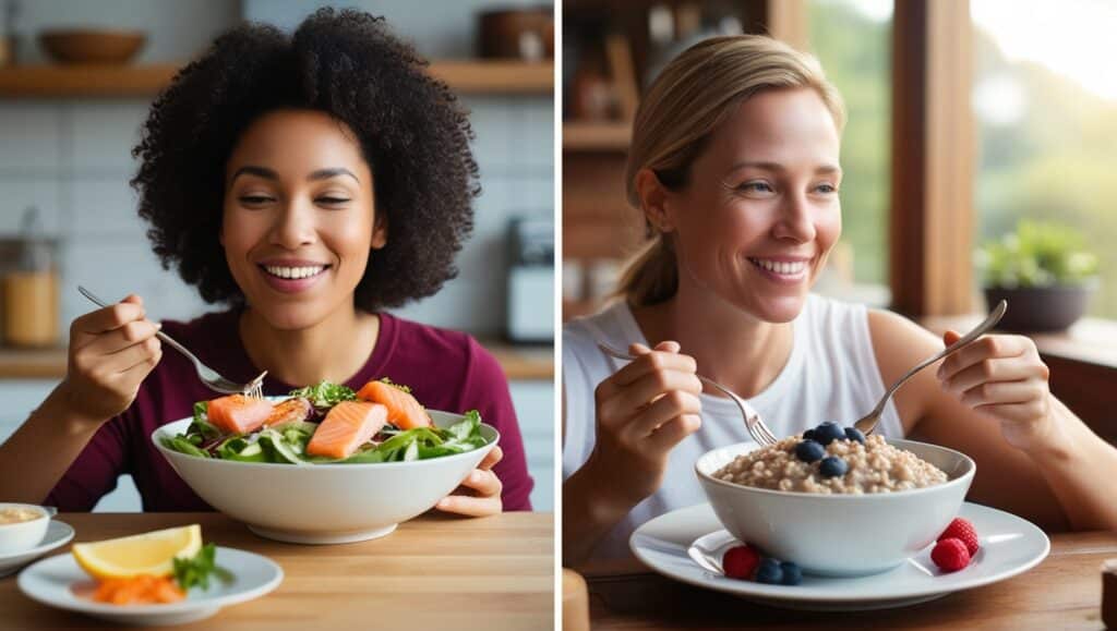 A side-by-side image of two individuals enjoying their respective meals: one eating a low-carb salad with salmon, and the other eating a low-fat meal of oatmeal and berries. The scene should be warm and inviting, perhaps in a cozy kitchen or outdoor setting, highlighting the sustainability and enjoyment of each diet. The focus should be on the people’s contentment with their meal choices, underscoring the idea that the best diet is the one that can be maintained long-term.