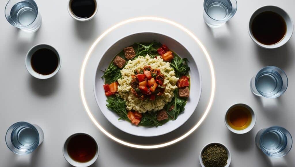 A top-down view of a beautifully arranged, nutrient-dense meal placed within an 8-hour window marked by a faint, circular glow. Surround the meal with subtle, blurred-out images of water, black coffee, and herbal teas, emphasizing what’s allowed during fasting periods. The overall aesthetic should be clean and inviting.