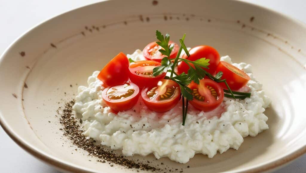 Depict a shallow, cream-colored ceramic bowl, adorned with subtle, earthy textures, containing a generous serving of creamy white cottage cheese, smooth and unbroken. The cheese is topped with an artful arrangement of vibrant, juicy cherry tomatoes, halved and quartered, their bright red skin glistening with subtle sheen. A delicate sprinkling of fresh, fragrant herbs, including parsley and chives, adds a pop of green to the composition, their leaves slightly curled and delicate. A pinch of coarse, dark grey cracked black pepper is scattered across the top, adding a touch of sophistication to the arrangement. The overall aesthetic is bright, refreshing, and appetizing, with soft, natural light casting gentle shadows on the bowl's curves, evoking a sense of healthy, satisfying snacking.