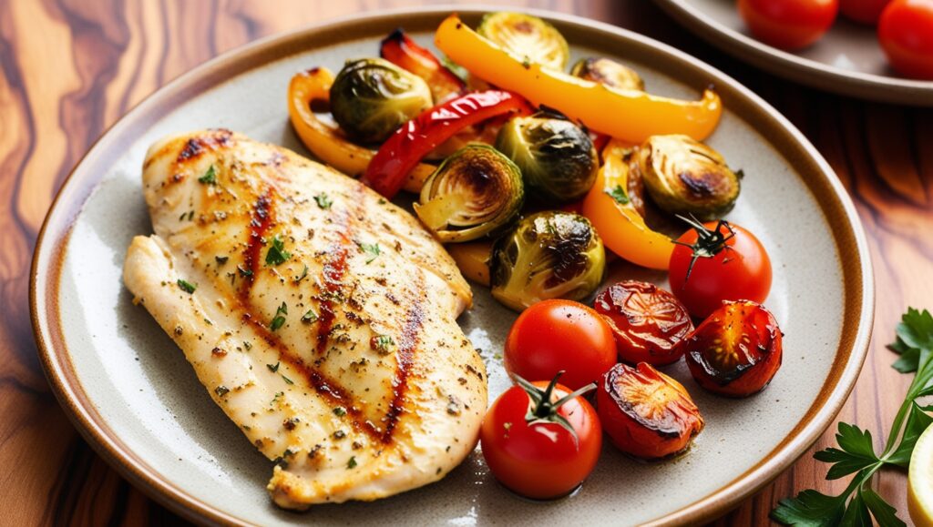 Depict a succulent, expertly grilled chicken breast, lightly seasoned with a blend of herbs and spices, served on a rustic ceramic plate alongside a vibrant medley of roasted vegetables, including caramelized bell peppers, golden-brown Brussels sprouts, and tender, crimson-red cherry tomatoes, highlighting a delicious, lean, and protein-packed meal, with the chicken breast glistening with a slight sheen, and the vegetables bursting with freshness, all set against a warm, natural wood grain background, with a sprinkle of fresh parsley and a squeeze of lemon in the corner, evoking a sense of healthy indulgence and comforting culinary delight.