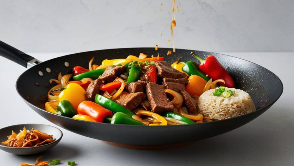 Depict a lean beef stir-fry, sizzling in a wok with colorful bell peppers, onions, and a savory sauce, served over a small portion of brown rice, showcasing a high-quality protein meal.