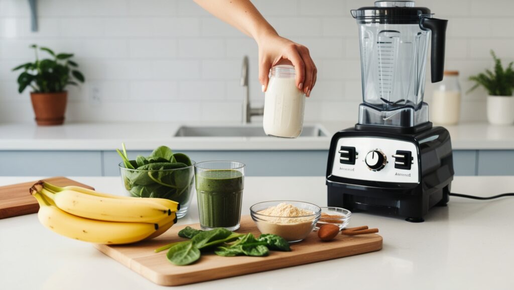 a clean, minimalist kitchen counter with a pre-workout smoothie being prepared. The smoothie ingredients like bananas, spinach, protein powder, and almond milk should be clearly visible, along with a blender in the background. The setting should evoke a sense of healthy, mindful preparation before a workout.