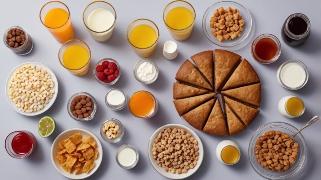 A top-down view of a table filled with various foods commonly consumed in an average diet, such as a bottle of soda, a slice of cake, breakfast cereal, and a yogurt cup. Each item should have subtle, transparent images of sugar cubes hovering above them, visually representing the hidden sugars in these foods. The overall image should be clean and educational.