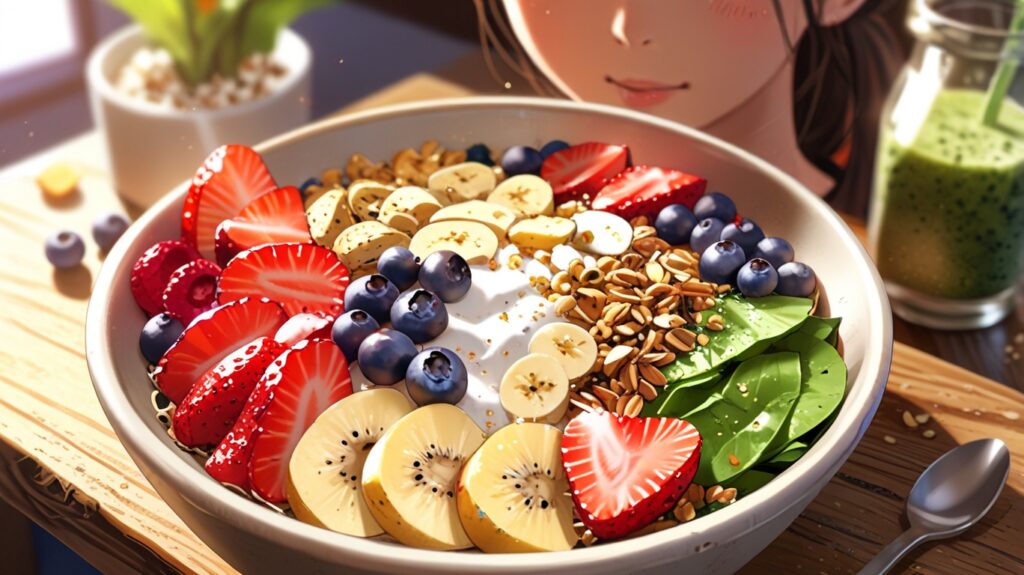 A close-up of a beautifully arranged smoothie bowl filled with vibrant fruits like berries, banana slices, and a sprinkle of granola. The bowl is set on a rustic wooden table, with fresh ingredients like spinach leaves and almond milk nearby, showcasing an ideal post-workout recovery meal.