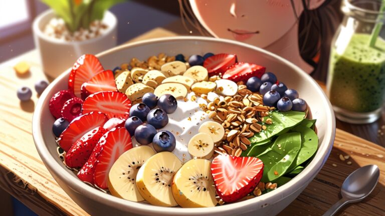 A close-up of a beautifully arranged smoothie bowl filled with vibrant fruits like berries, banana slices, and a sprinkle of granola. The bowl is set on a rustic wooden table, with fresh ingredients like spinach leaves and almond milk nearby, showcasing an ideal post-workout recovery meal.