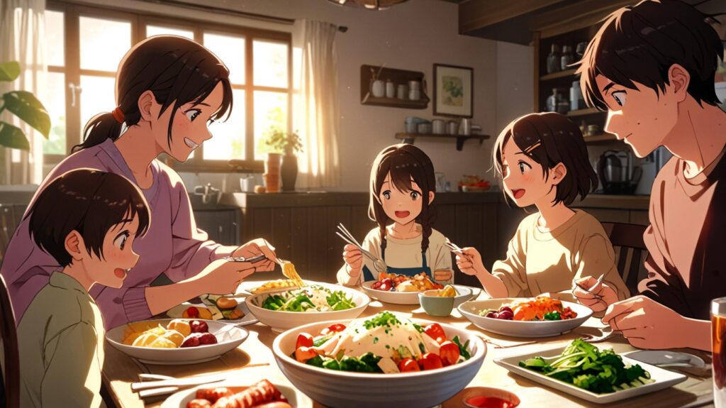 an image of a family gathered around a dinner table, enjoying a healthy meal featuring probiotic-rich foods like yogurt, fermented vegetables, and whole grains. The family setting should feel warm and inviting, with an emphasis on healthy, nutritious options for children.