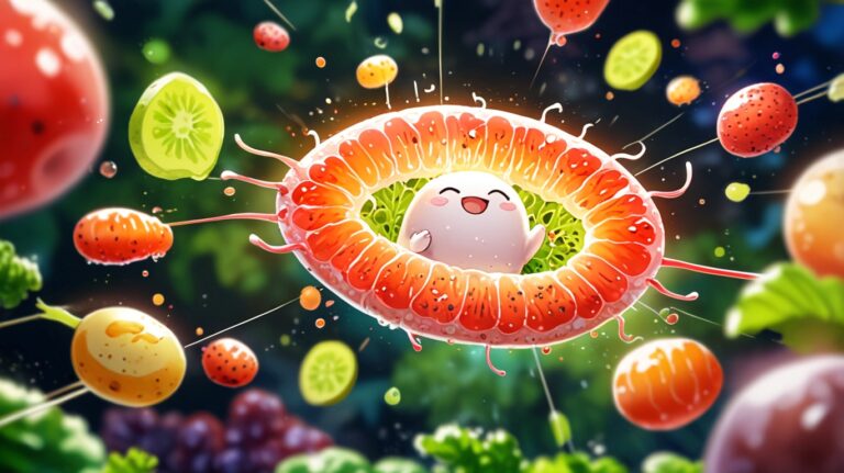 microscopic world inside the gut where friendly bacteria are thriving. The bacteria are depicted as playful, cheerful characters surrounded by fibers and nutrients like fruits and vegetables, showing how nutrition supports a child’s healthy gut flora.