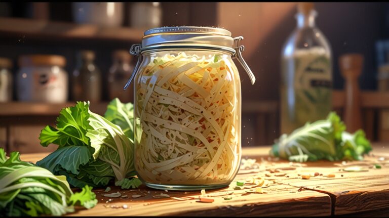 a jar of sauerkraut with finely shredded cabbage. The scene should look rustic and homemade, with the tangy, fermented cabbage spilling out slightly for added texture.