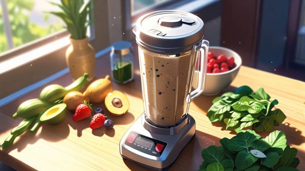A high-angle view of a blender with smoothie ingredients prepared for a post-workout meal. Ingredients include scoops of plant-based protein powder, frozen banana slices, spinach, almond milk, and a handful of berries and hemp seeds. The setting captures the freshness and simplicity of preparing a nutrient-dense, recovery-focused smoothie in a plant-based lean bulking regimen.