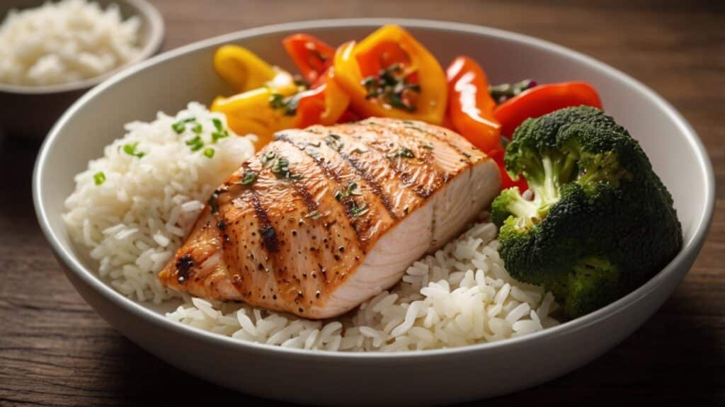 A close-up of a post-workout meal featuring lean protein sources like grilled chicken breast or salmon alongside jasmine rice and colorful veggies like bell peppers and broccoli. The setting is clean, with good lighting that accentuates the textures and colors, giving it a nutritious and satisfying look ideal for post-training recovery