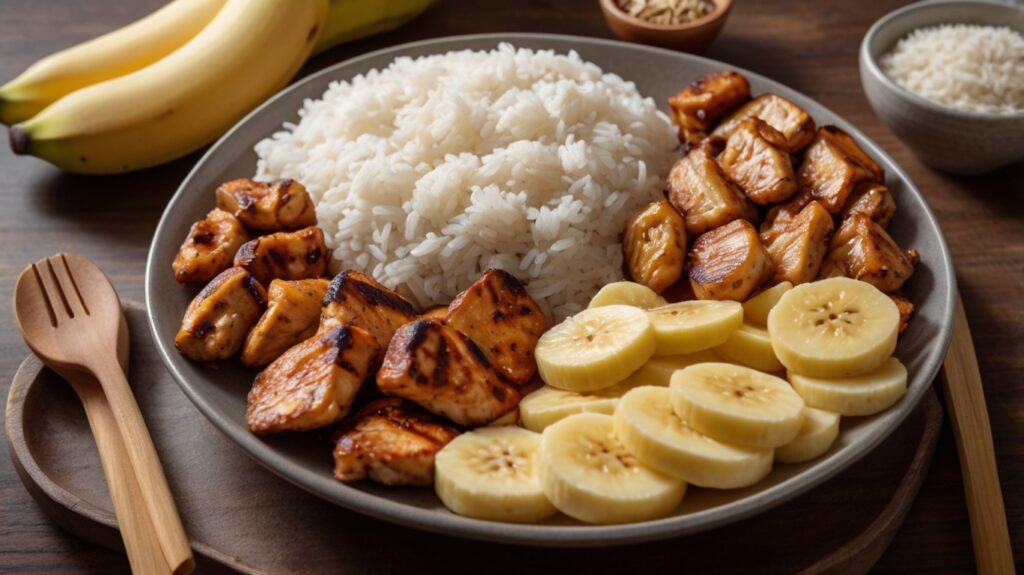 A close-up of a post-workout meal, including a bowl of white rice, a grilled lean protein source like chicken or tofu, and a few slices of banana on the side. The setup is clean and energizing, highlighting fast-acting carbs and protein, ideal for quick muscle recovery and lean bulking.