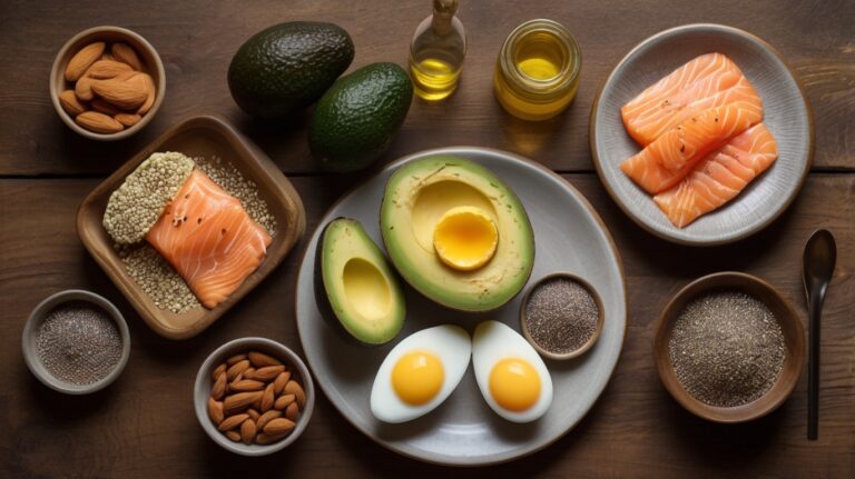 The Role of Healthy Fats in Your Lean Bulk Diet. A detailed, close-up shot of various healthy fat sources displayed on a rustic wooden table. Include avocado halves, a bowl of almonds, a plate with slices of salmon, a small bowl of chia seeds, a spoon of olive oil, and a few whole eggs. The image should focus on vibrant, natural colors and textures, emphasizing the freshness and richness of these nutrient-dense foods.