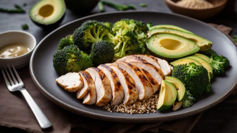 A high-quality photo of a lean bulk meal on a dark, rustic table setting. The plate features grilled chicken breast, quinoa, steamed broccoli, and a few avocado slices for healthy fats. The image captures vibrant colors and textures with an appetizing, clean layout to emphasize a balanced approach to lean bulking.