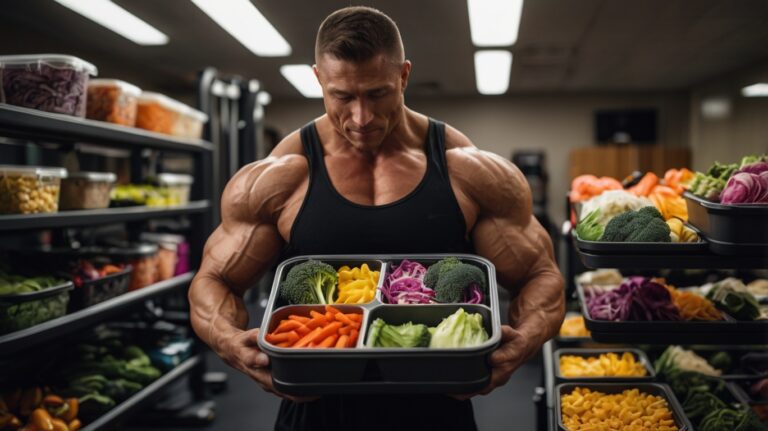 How to Avoid Excessive Fat Gain During a Lean Bulk. A muscular individual in a gym setting, holding meal prep containers filled with lean proteins, complex carbs, and colorful veggies. The background subtly includes workout equipment, adding to the fitness vibe without distracting from the food. This image highlights the focus on nutrition for clean, consistent muscle gains.
