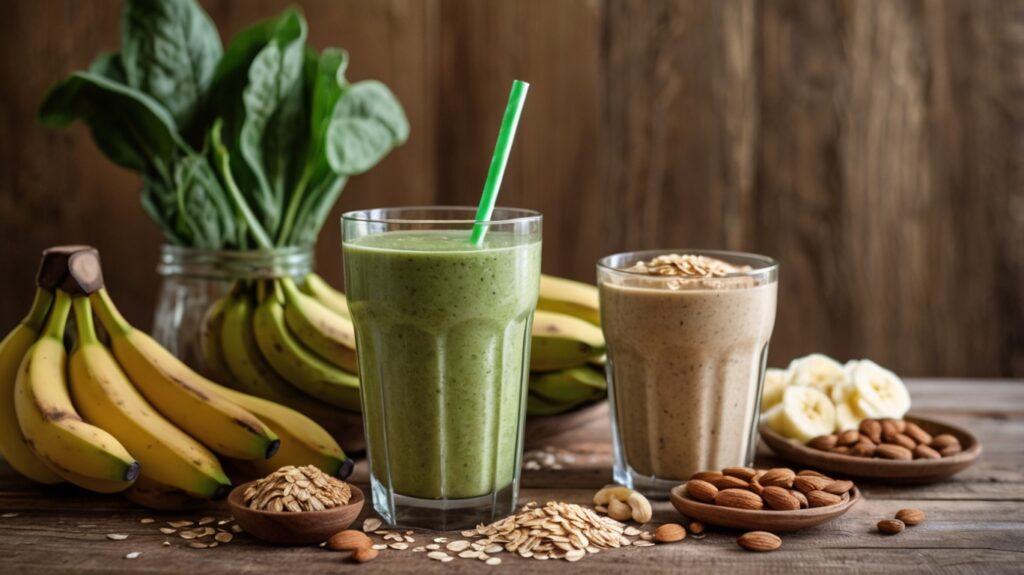 A tall glass of a thick, nutrient-rich smoothie, filled with ingredients such as bananas, almond butter, oats, spinach, and protein powder. The smoothie sits on a rustic wooden surface surrounded by the raw ingredients, with a fresh, wholesome appearance and a bright, energizing setting to emphasize its role in supporting muscle gains without excess fat.