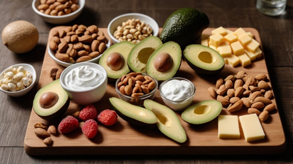 A variety of snacks arranged on a wooden board, including mixed nuts, Greek yogurt, boiled eggs, avocado slices, and a few cubes of cheese. The setup is visually appealing with natural light, highlighting these calorie-dense, muscle-building foods in an appealing and accessible way for readers focused on clean bulking.