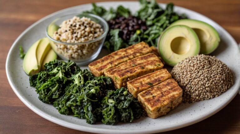 Plant-Based Lean Bulking. A vibrant, appetizing plate featuring a plant-based protein meal. The dish includes grilled tempeh, quinoa, and steamed greens like spinach or kale, topped with avocado slices and sprinkled with seeds (such as hemp or chia). The presentation is clean and inviting, highlighting the colorful, wholesome ingredients essential for a balanced, muscle-building vegan diet.