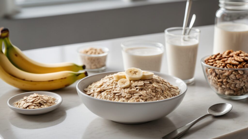 Nutrition for Lean Muscle Growth. A visually appealing setup of a healthy pre-workout meal on a clean kitchen counter. The meal includes a small bowl of oatmeal topped with banana slices and a scoop of protein powder on the side, paired with a glass of water. The background is bright, emphasizing the fresh, clean look of the food, and highlighting the essentials of pre-workout nutrition.