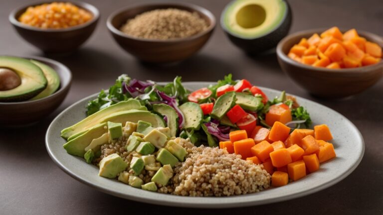 An inviting display of a nutritious low-GI meal, with quinoa, steamed sweet potatoes, and a mixed vegetable salad with avocado slices on the side. This balanced spread highlights foods that support sustained energy and lean muscle growth, all presented with bright lighting and natural colors that emphasize freshness and variety.