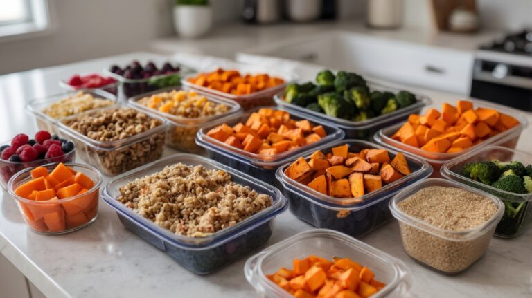An organized meal prep setup on a kitchen counter, featuring containers filled with lean protein sources like grilled chicken, cooked quinoa, sweet potatoes, steamed vegetables, and fresh berries. Each container is arranged neatly, with vibrant colors and a clean, minimalist kitchen background, representing a well-structured lean bulking meal plan.